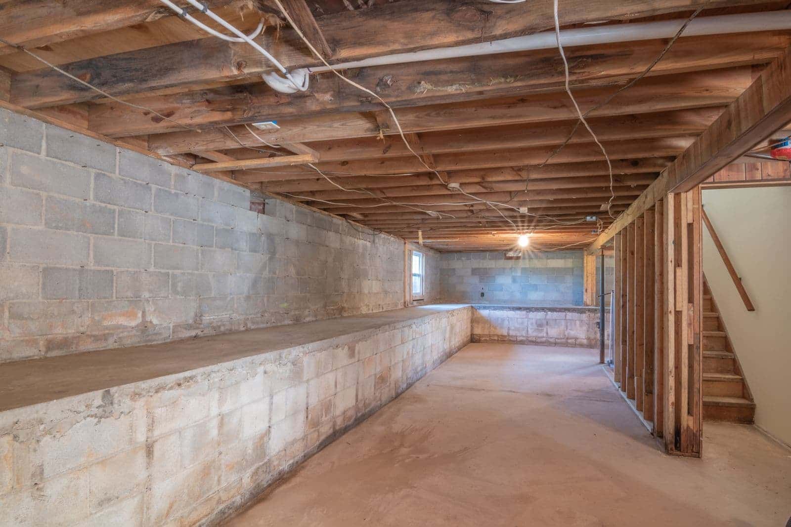 Block-wall basement where a perimeter drain would run